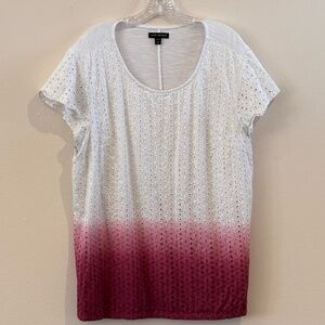 Lane Bryant Women's Short Sleeve White Maroon Ombre Top Shirt Blouse SZ 18/20